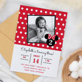 Small Minnie Mouse | Red & White Dots Photo Birthday Invitation Front View