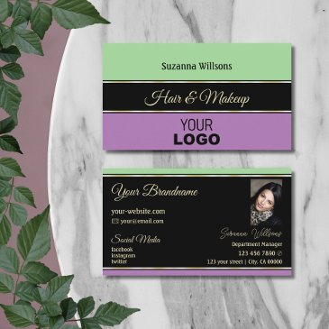mint green black lavender chic with logo and photo business invitations