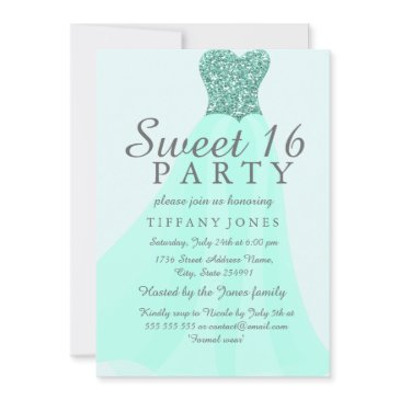 mint sparkling glitter gown sweet 16 invite