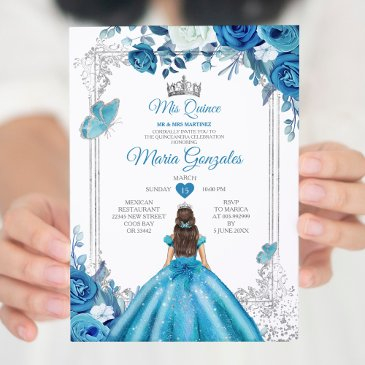 mis quince aqua teal floral crown quinceañera invitation