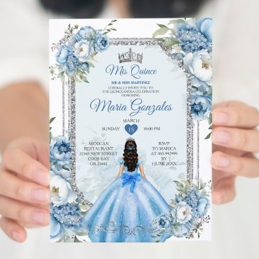 mis quince blue floral silver crown quinceañera invitation