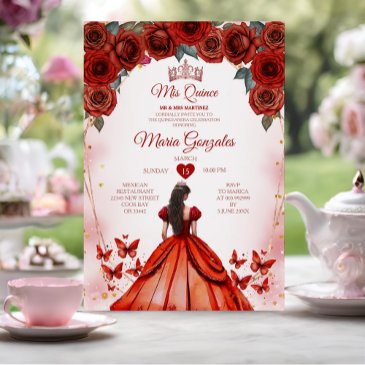 mis quince red roses 15 anos crown quinceañera invitation