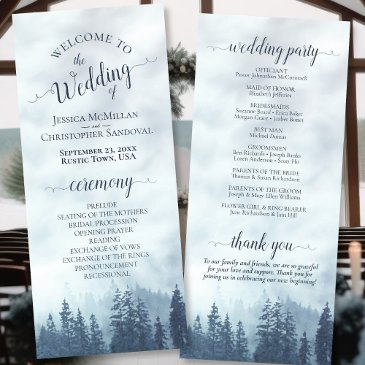 misty blue mountain pine forest rustic wedding program