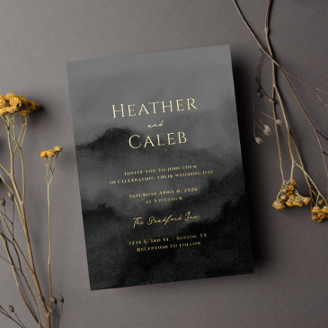 misty mountain black watercolor and wedding gold foil invitation