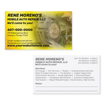 mobile automobile car repair mechanic 2 sided business invitations