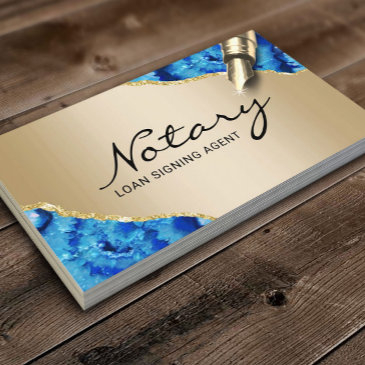 mobile notary signing agent modern gold blue agate business invitations