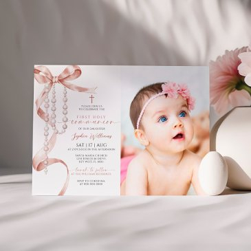 mocha bow & rosary photo first holy communion invitation