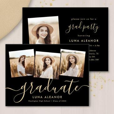 modern 4 photo graduation collage black and gold invitation