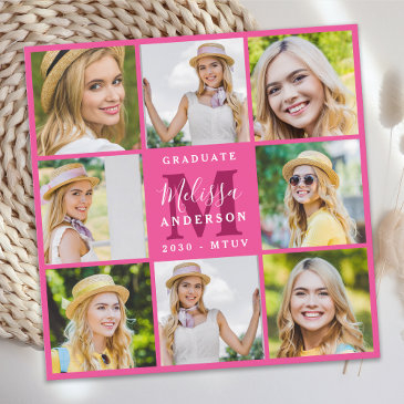 modern 8 photo collage pink graduation invitation