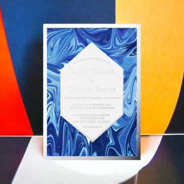 modern abstract blue oil painting wedding silver foil invitation