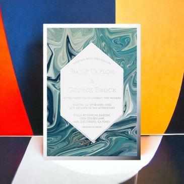modern abstract blue waves minimal wedding silver foil invitation