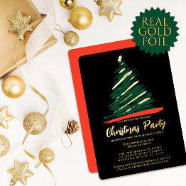 Small Modern Abstract Gold Red Green Tree Christmas Foil Invitation Front View