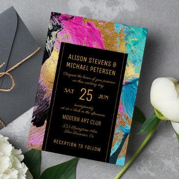 modern abstract painting gold script dark wedding invitation