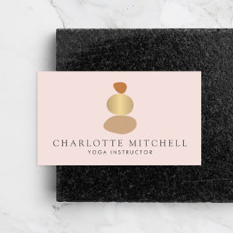 Small Modern Abstract Zen Stones Gold And Pink Logo Yoga Business Invitations Front View