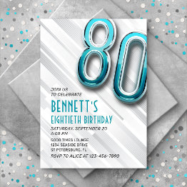 Small Modern Adult Teal 80th Birthday Invitation Front View