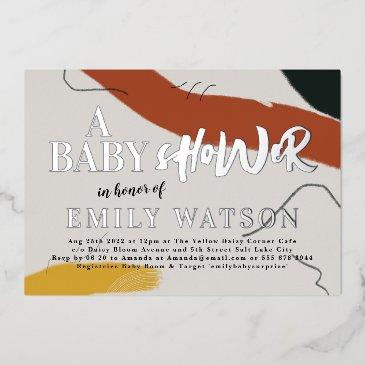 modern art boy or girl abstract baby shower silver foil invitation