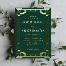 Small Modern Art Deco Wedding Green And Gold Foil Invitation Front View