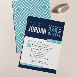 Small Modern Bar Mitzvah Cool Bold Block Navy Aqua Blue Invitation Front View