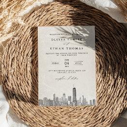 Small Modern Black And White Chicago Skyline Wedding Invitation Front View
