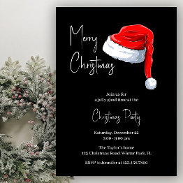 Small Modern Black And White Santa Hat Christmas Party Invitation Front View