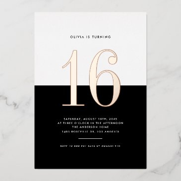 modern black and white sweet 16 rose gold foil foil invitation