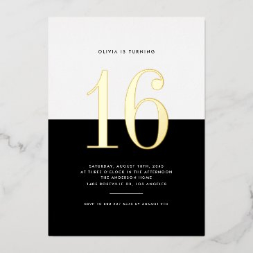 modern black and white sweet sixteen gold foil foil invitation