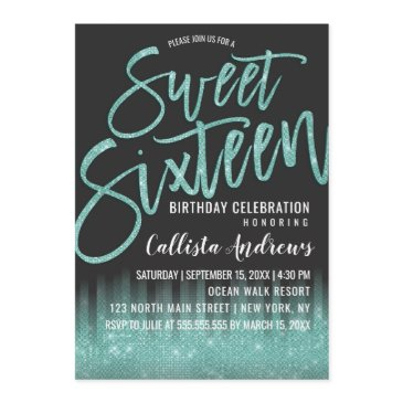 modern black aqua glitter typography sweet 16 invitation