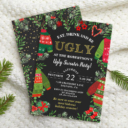 Small Modern Black Christmas Holiday Ugly Sweater Party Invitation Front View