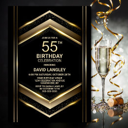 Small Modern Black Gold 55th Birthday Party Invitation Front View