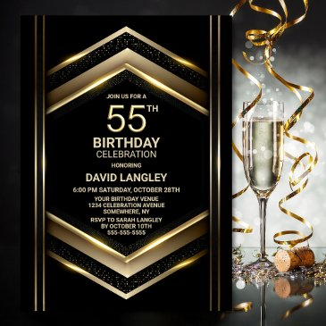 modern black gold 55th birthday party invitation