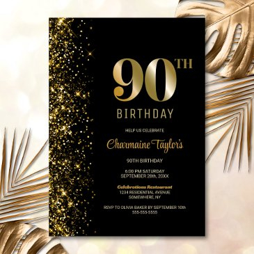 modern black gold glitter 90th birthday party invitation