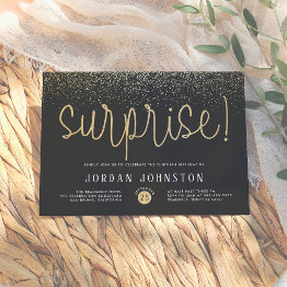 Small Modern Black & Gold Script Surprise Birthday Party Invitation Front View