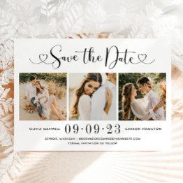 Small Modern Black Heart Script 3 Photo Wedding Collage Save The Date Front View