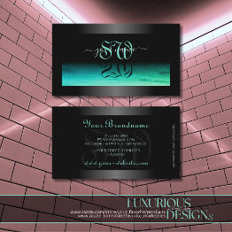 Small Modern Black Luminous Teal Patterned And Initials Business Invitations Front View
