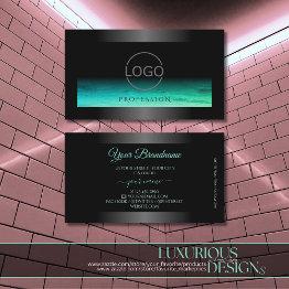 Small Modern Black Luminous Teal Patterned And Logo Business Invitations Front View