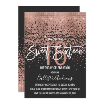 modern black rose gold glitter confetti sweet 16 invitation