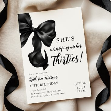 modern black & white bow 40th birthday invitation