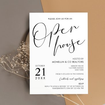modern black & white script business open house invitation