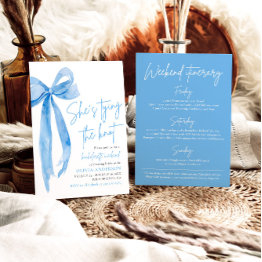 Small Modern Blue Bow Bachelorette Weekend Itinerary Invitation Front View