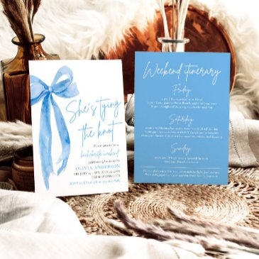 modern blue bow bachelorette weekend itinerary invitation
