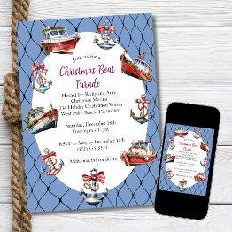 Small Modern Blue Christmas Boats & Anchors Frame Invitation Front View