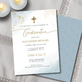 Small Modern Blue Gold Cross Boy Confirmation Invitation Front View