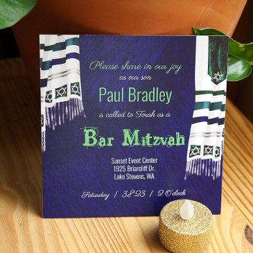 modern blue, green tallit bar mitzvah invitation