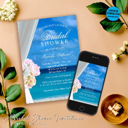 Small Modern Blue Ocean Beach Bridal Shower Invitation Front View