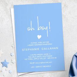 Small Modern Blue Oh Boy Baby Shower Invitations Tiny Heart Front View