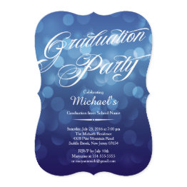 Small Modern Blue Typography Bokeh Graduation Party Invitation Front View