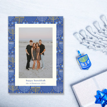 modern blue yellow menorah hanukkah two photo holiday invitations