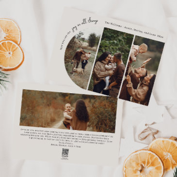 modern boho arch beige joy in all things 4 photo holiday invitations