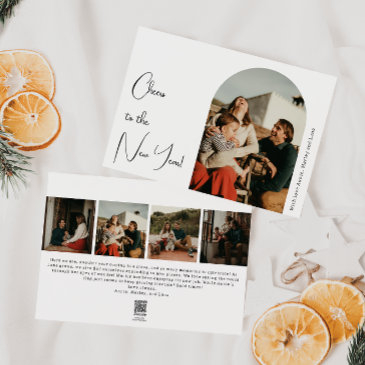 modern boho arch cheers to the new year five photo holiday invitations