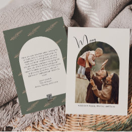 Small Modern Boho Arch Green Merry One Photo Holiday Invitations Front View